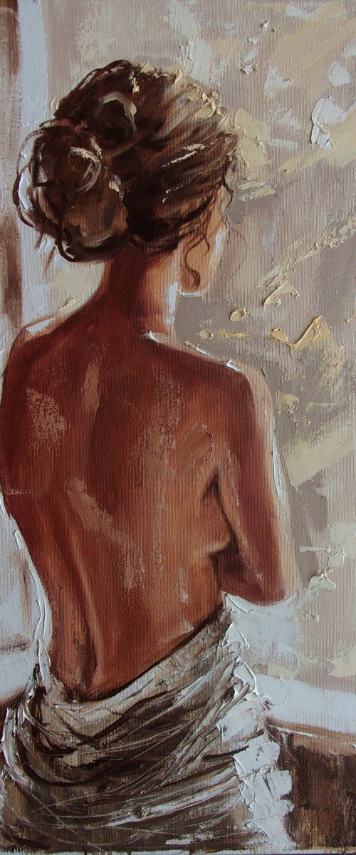 " AUTUMN MORNING ...  "  original painting window  palette knife GIFT brown by Monika Luniak