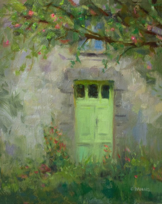 Old Green Door with Apple Blossom