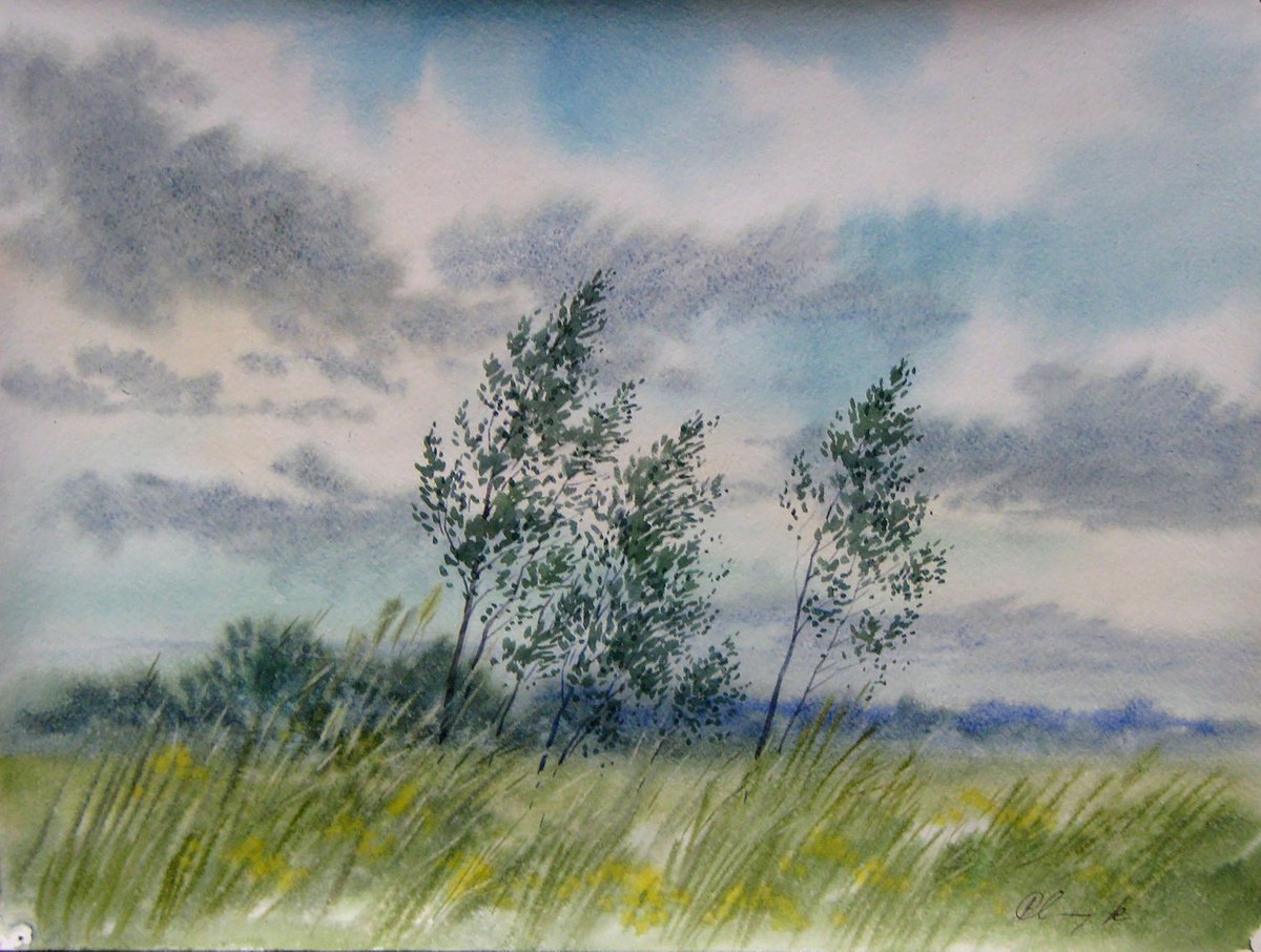 Impressionistic Landscape Watercolour By Valeriy Savenets-1, 16 X 12", The Breeze Blew, Original Artwork