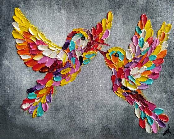 Birds and big love - birds, hummingbirds, love, animals oil painting, art bird, impressionism, palette knife, gift.