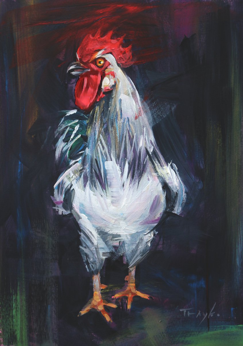Expressive Animal Acrylic Painting By Trayko Popov, 9 X 12", Rooster | Chicken | Farmlife, Original Artwork