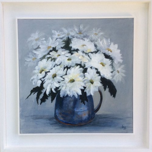 White Chrysanthemums in a Blue Jug by Linda Bartlett