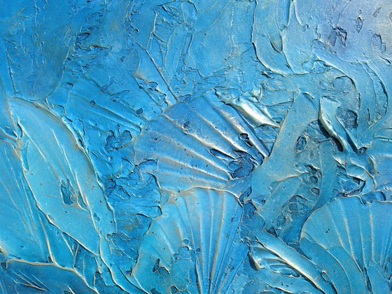 TROPICAL VIBES. Abstract Blue, Teal, Turquoise, Gold Textured Coastal Large Painting