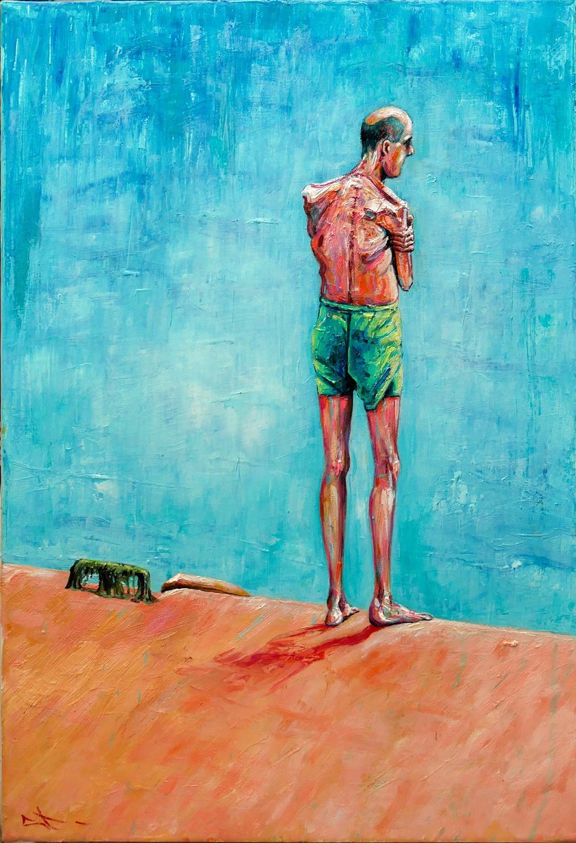 Expressive Portrait Oil Painting By Lionel Le Jeune, 15 X 22", Le Baigneur, Original Artwork