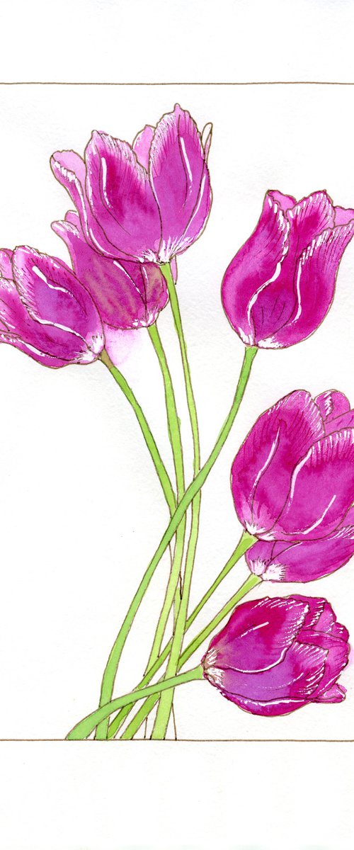 Tulips flowers mixed media illustration by Olga Ivanova