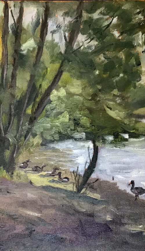 Riverside life - an original oil painting by Julian Lovegrove Art