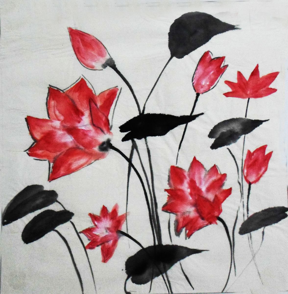 Bunch of lotus Chinese art on rice paper 13.25 x 13.25 by Asha Shenoy