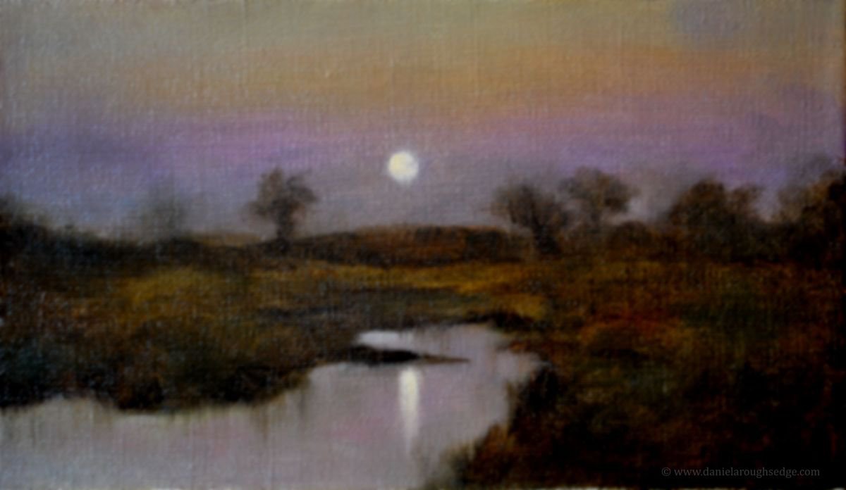 Impressionistic Landscape Oil Painting By Daniela Roughsedge, 11 X 7, Harvest Moon, Original Artwork