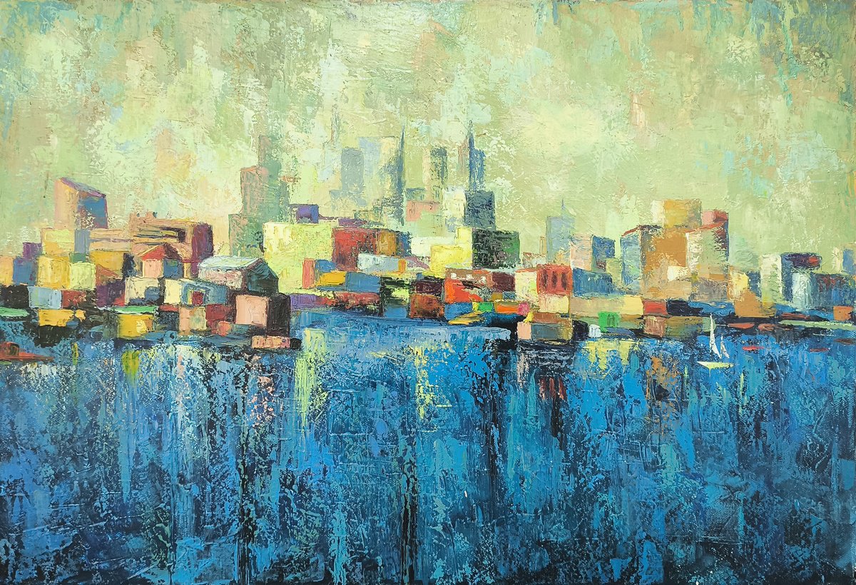 Impressionistic Cityscapes Oil Painting By Arto Mkrtchyan, 28 X 20, Reflections Of The City, Original Artwork