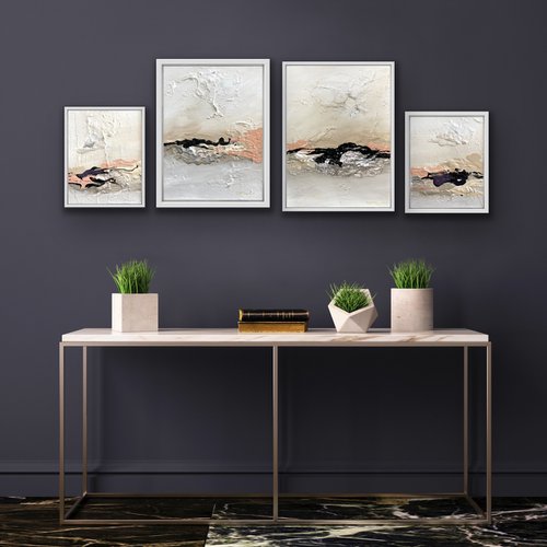 Poetic Landscape - Peach , White, Black - Composition 4 paintings framed - Wall Art Ready to hang by Daniela Pasqualini