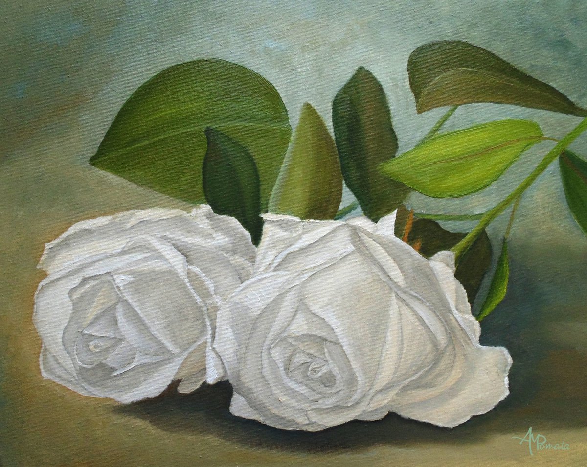 Impressionistic Botanical Oil Painting By Angeles M. Pomata, 16 X 13, White Roses, Original Artwork