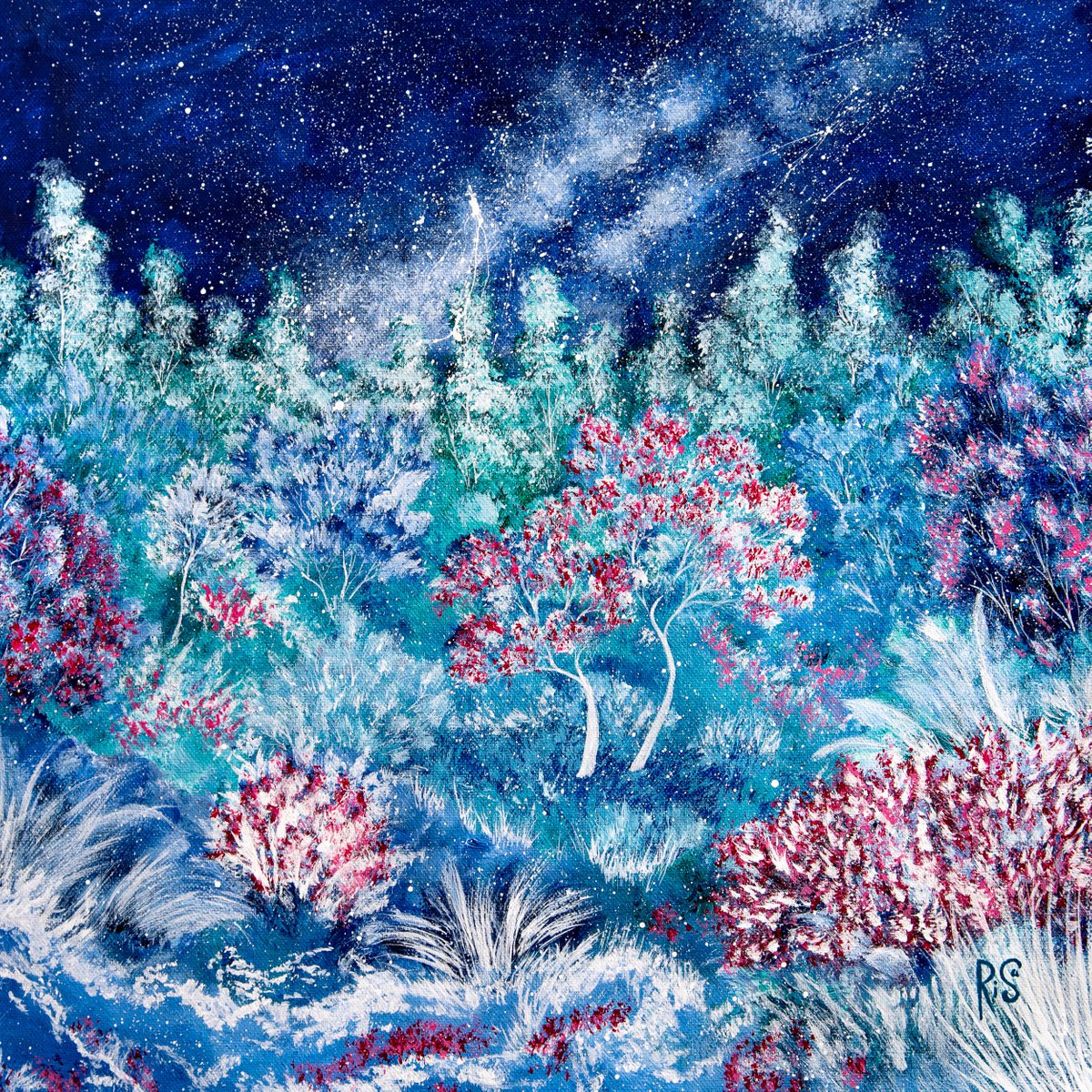 UNDER THE SEA - 40x40 cm, abstract garden, flowering bushes, blooming trees, night scene by Rimma Savina