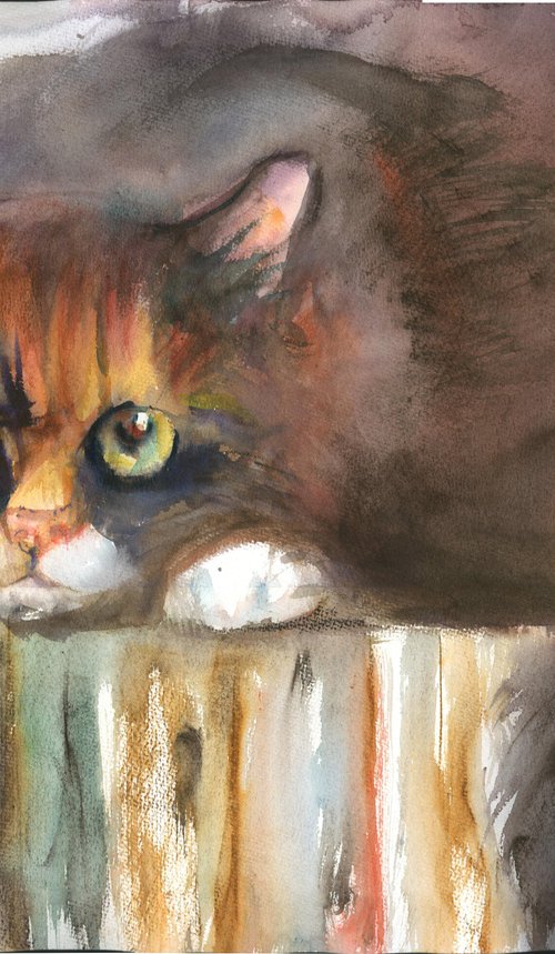 'Green-eyed cat' (watercolor cat portrait) by Irina Bibik-Chkolian