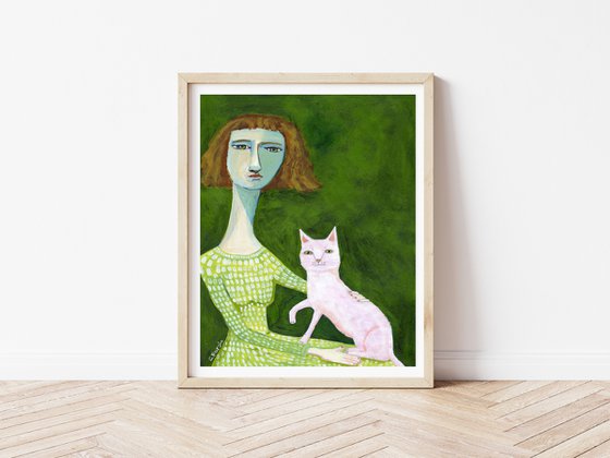 Woman Sitting with Pink Cat Lady Naive Figurative Quirky Art Long Neck