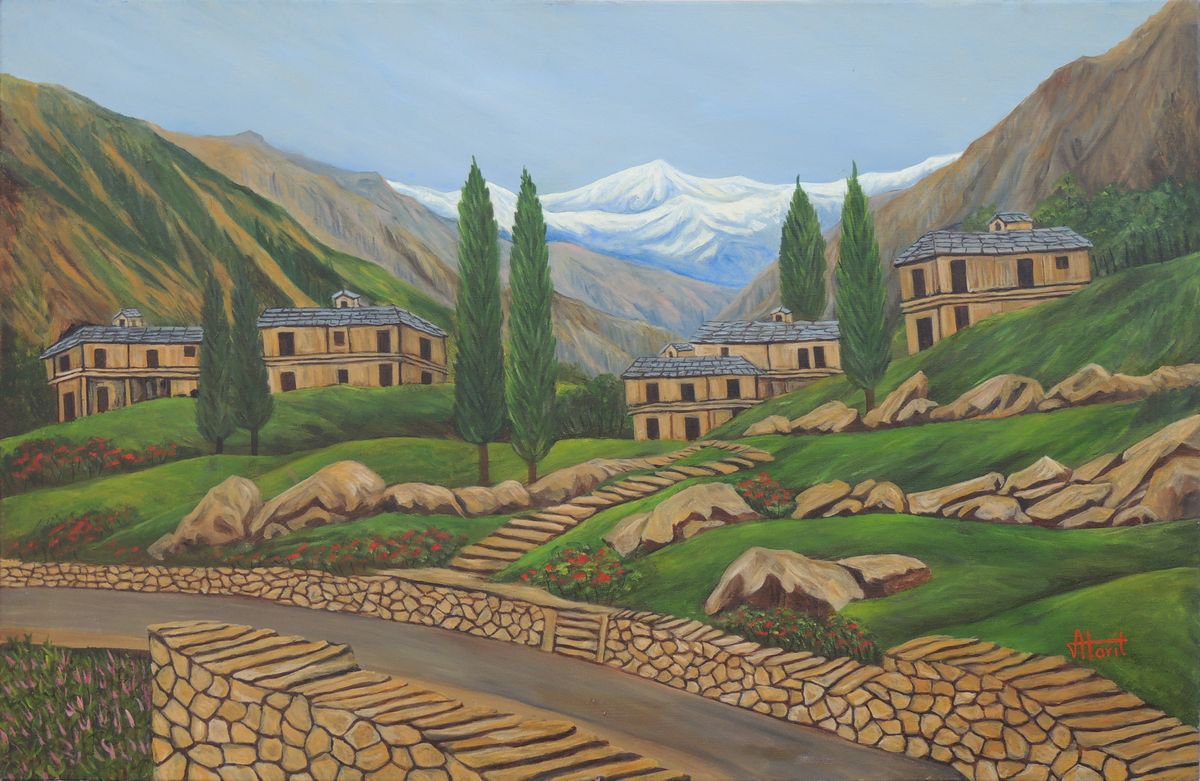 Expressive Landscape Oil Painting By Ajay Harit, 45 X 29, Himalayan Village, Original Artwork