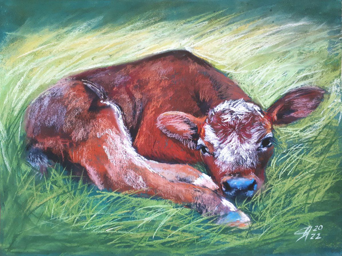 Calf... / FROM THE ANIMAL PORTRAITS SERIES / ORIGINAL PAINTING by Salana Art Gallery
