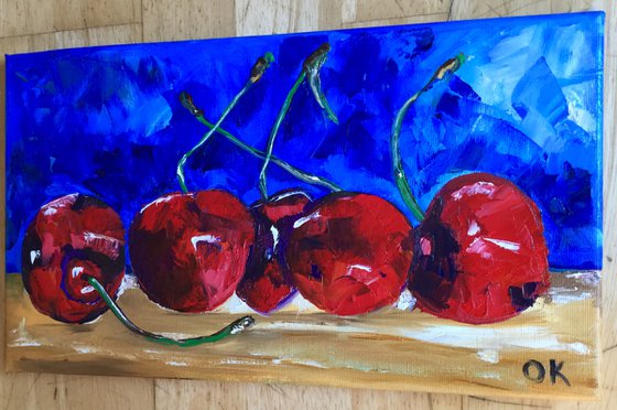 Cherries. Still life. Palette knife painting on linen canvas