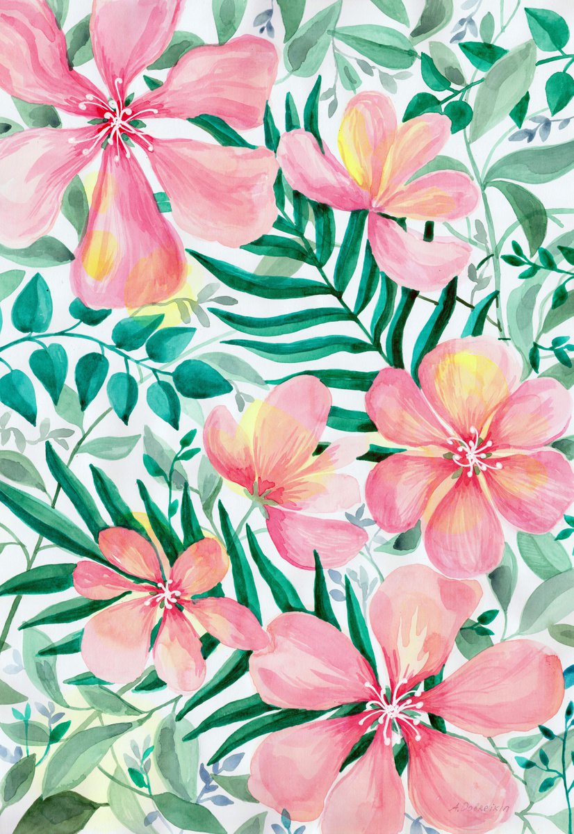Pink garden watercolor painting on paper, wall art, interior art, interior design, gift by Alexandra Dobreikin