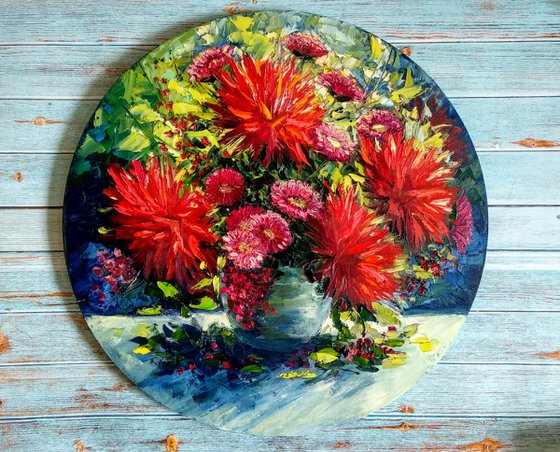 Bright Flowers Garden Bouquet of Asters and Daisies Textured Painting on Round Canvas