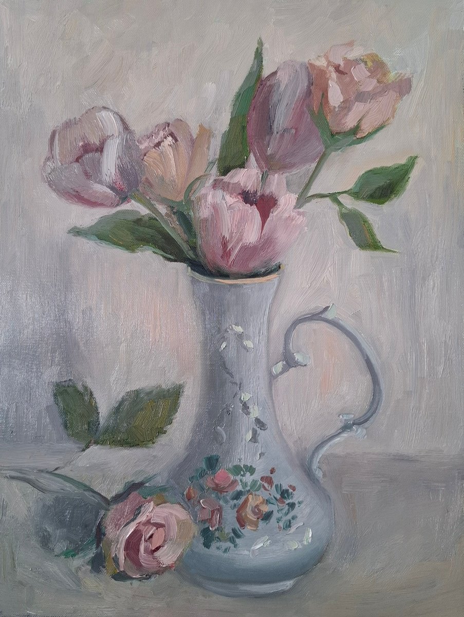 Impressionistic Botanical Oil Painting By Olena Kolotova, 12 X 16", Spring Flowers Tulips In Vase, Original Artwork