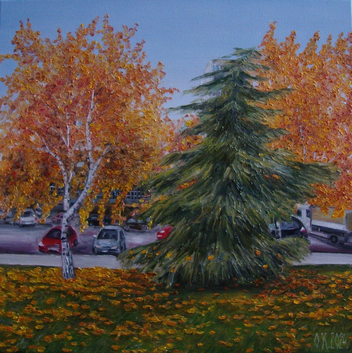 Impressionistic Landscape Oil Painting By Olga Knezevic, 16 X 16", December, Original Artwork