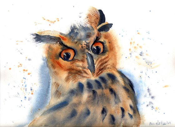 Owl Portrait Original Watercolor Painting