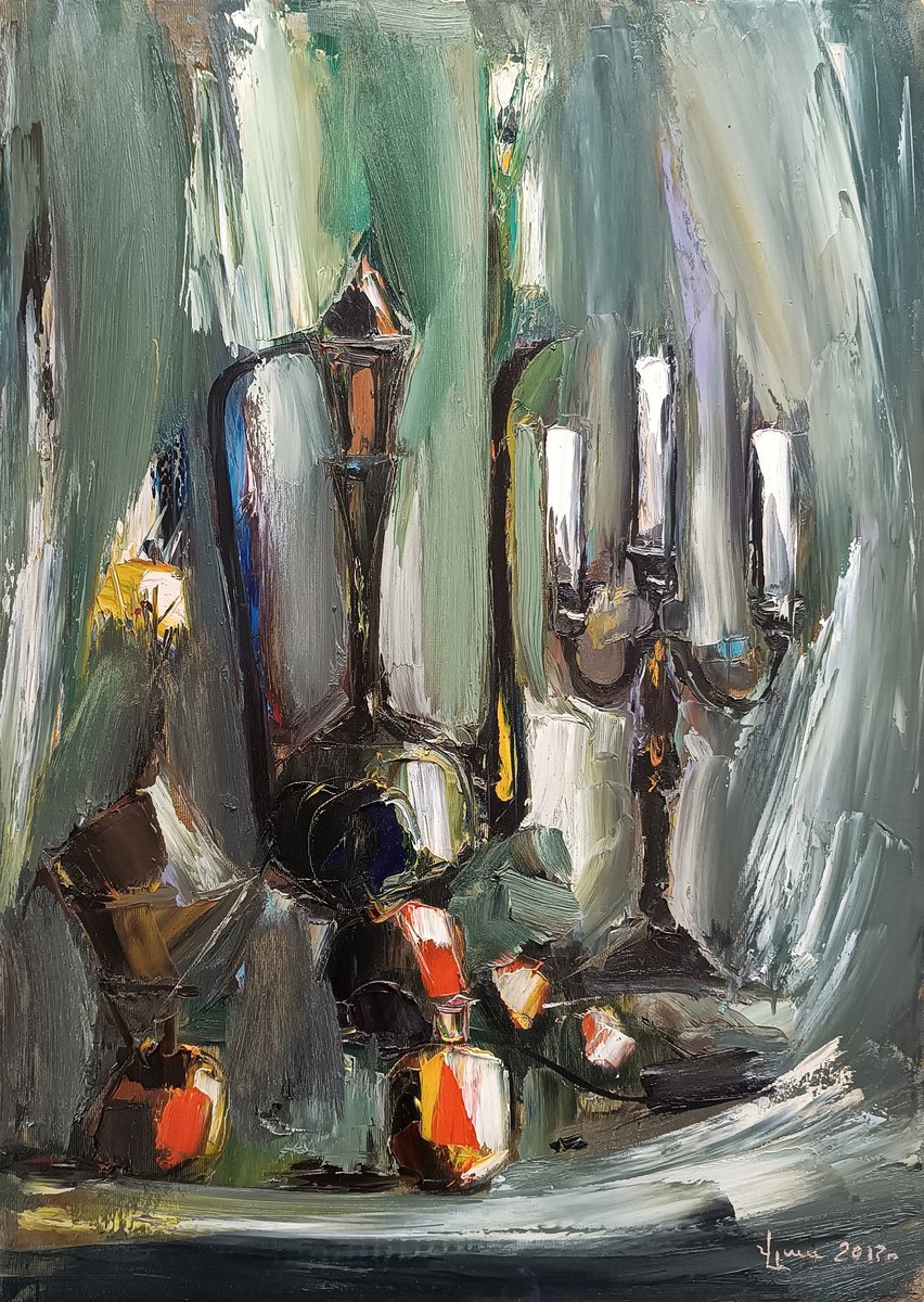 Abstract Still Life Oil Painting By Vlas Ayvazyan, 20 X 28", Harmony In Light, Original Artwork