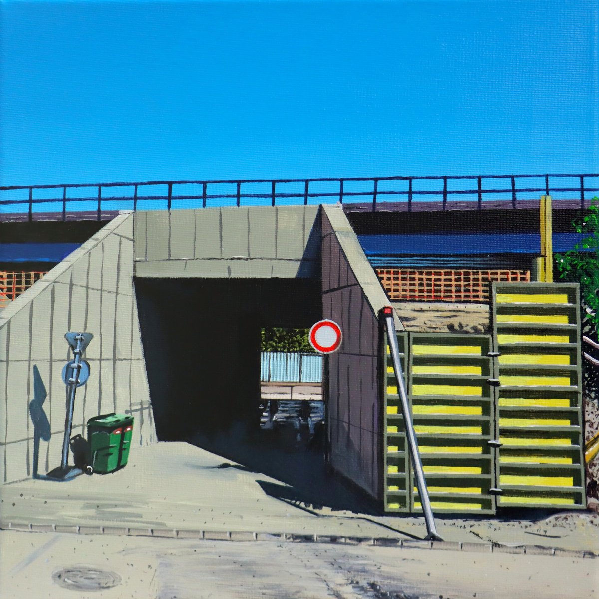 Photorealistic Cityscapes Acrylic Painting By Zoltan Till, 12 X 12", Passage Under Construction, Original Artwork