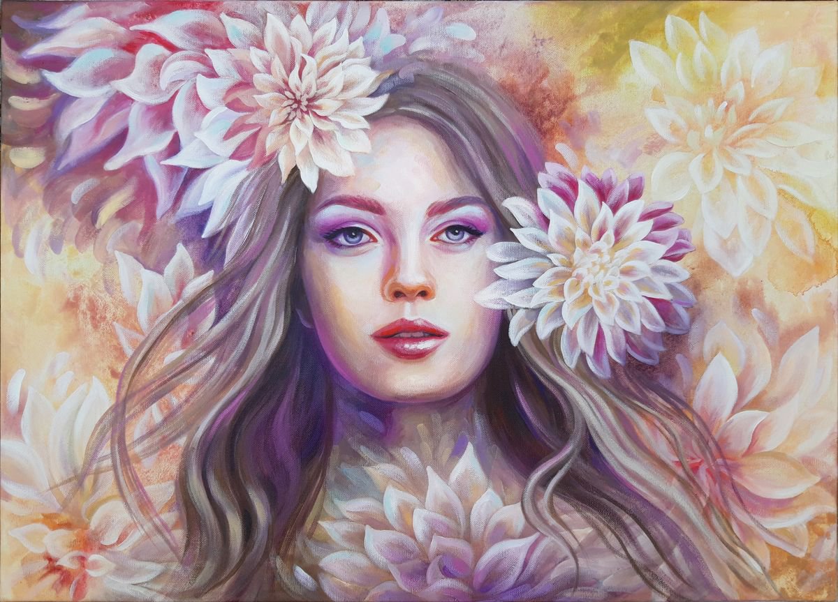 Floral Queen, woman flowers painting, woman portrait by Anna Steshenko