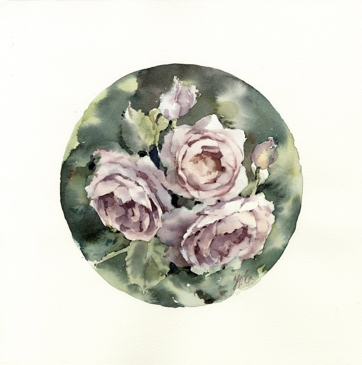 Watercolor roses in a circle, Light purple flowers and green leaves by Yulia Evsyukova