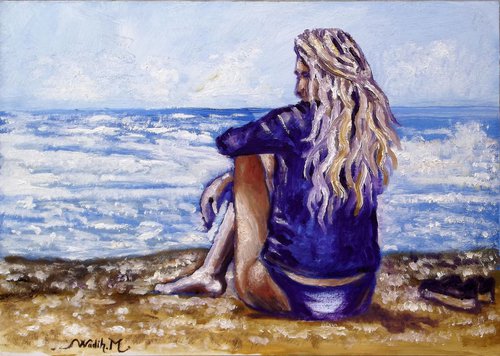 SEASIDE GIRL - Sitting at the seaside - Thick oil painting - 42x29.5cm by Wadih Maalouf