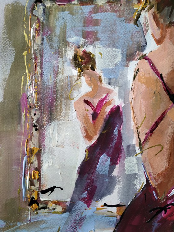Magenta Dress - Woman Mixed Media Painting on Paper
