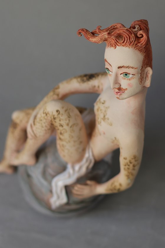 Charming Gentlemen with red mustache. Ceramic sculpture