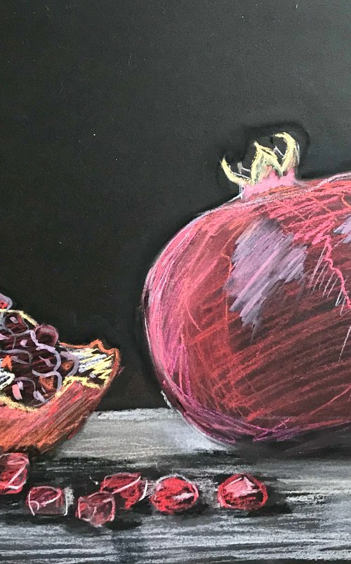 Pomegranates still life pastel drawing 27x39 cm by Leysan Khasanova
