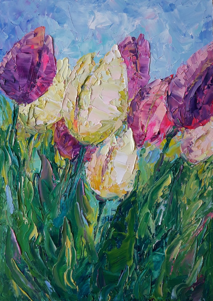 Tulips painting, Original Art, Impasto Art, Tulips Pink flowers, Holland flowers, Floral o... by Kseniya Kovalenko