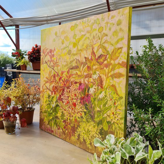 AUTUMN CARNIVAL - FLORAL GARDEN PAINTING YELLOW FALL LANDSCAPE
