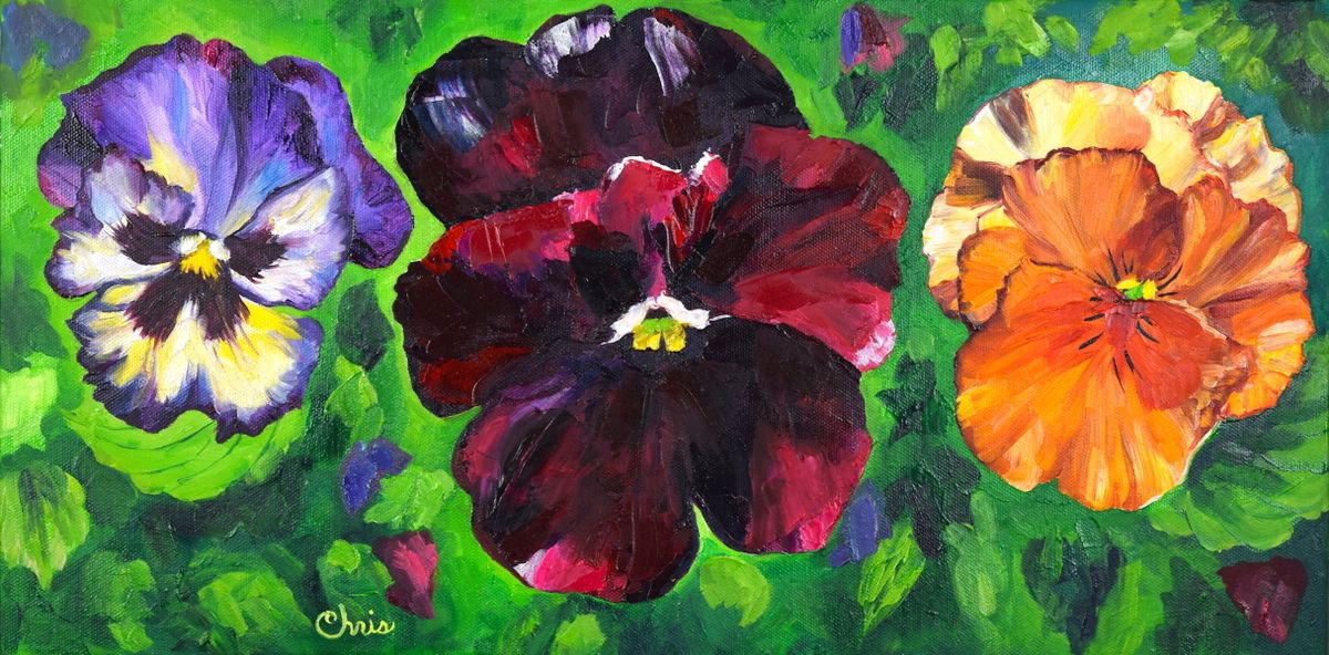 Impressionistic Botanical Oil Painting By Christina M Plichta, 20 X 10, Trio Of Pansies, Original Artwork