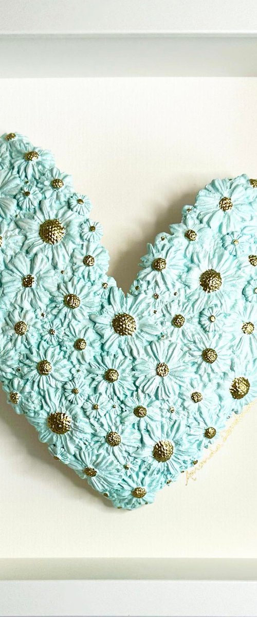 As Fresh as a Daisy (Baby blue polymer clay heart with gold) by Amanda Deadman