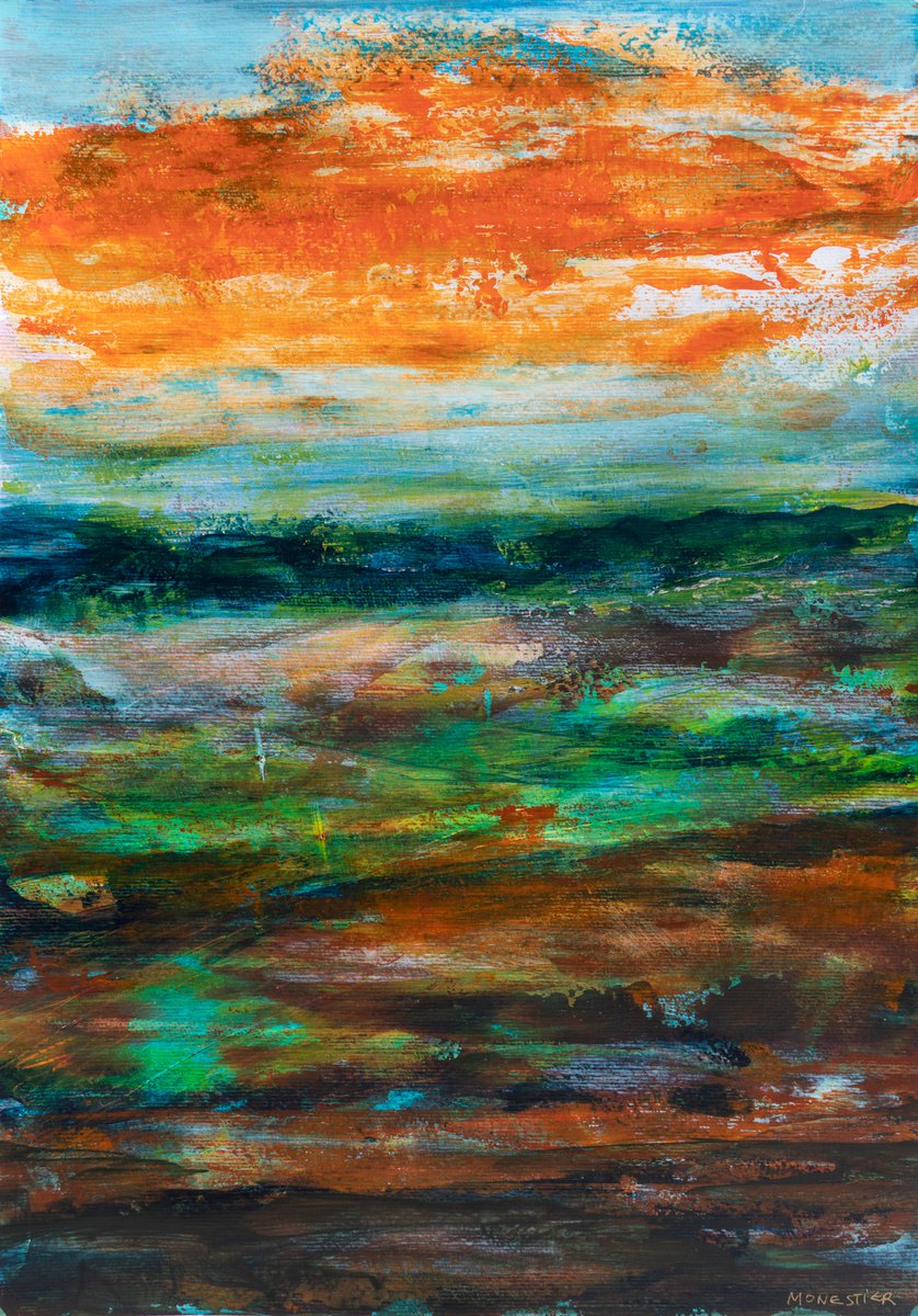 Abstract Landscape Acrylic Painting By Fabienne Monestier, 15 X 21, Orange Cloud, Original Artwork
