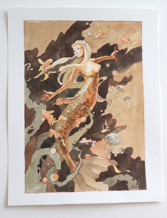 Mermaid and golden fishes, Fantasy illustration in watercolor