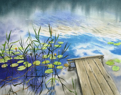 Serenity on the Lake - old wooden deck on a lake -  water lily lake by Olga Beliaeva Watercolour