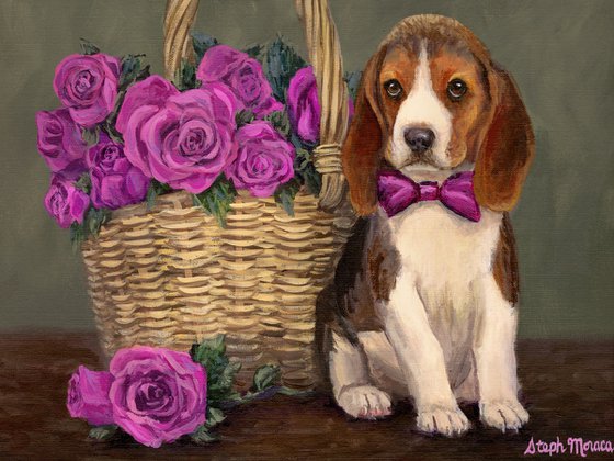 Beagle & Basket of Roses