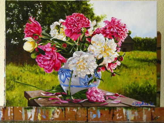 Pink White Peonies in a white-blue vase, Rustic Landscape Wall Art, Peaceful Scene