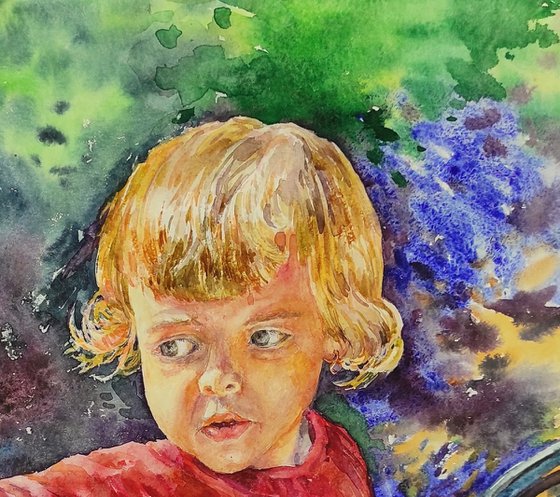 Happy childhood - original watercolor artwork, bright color painting