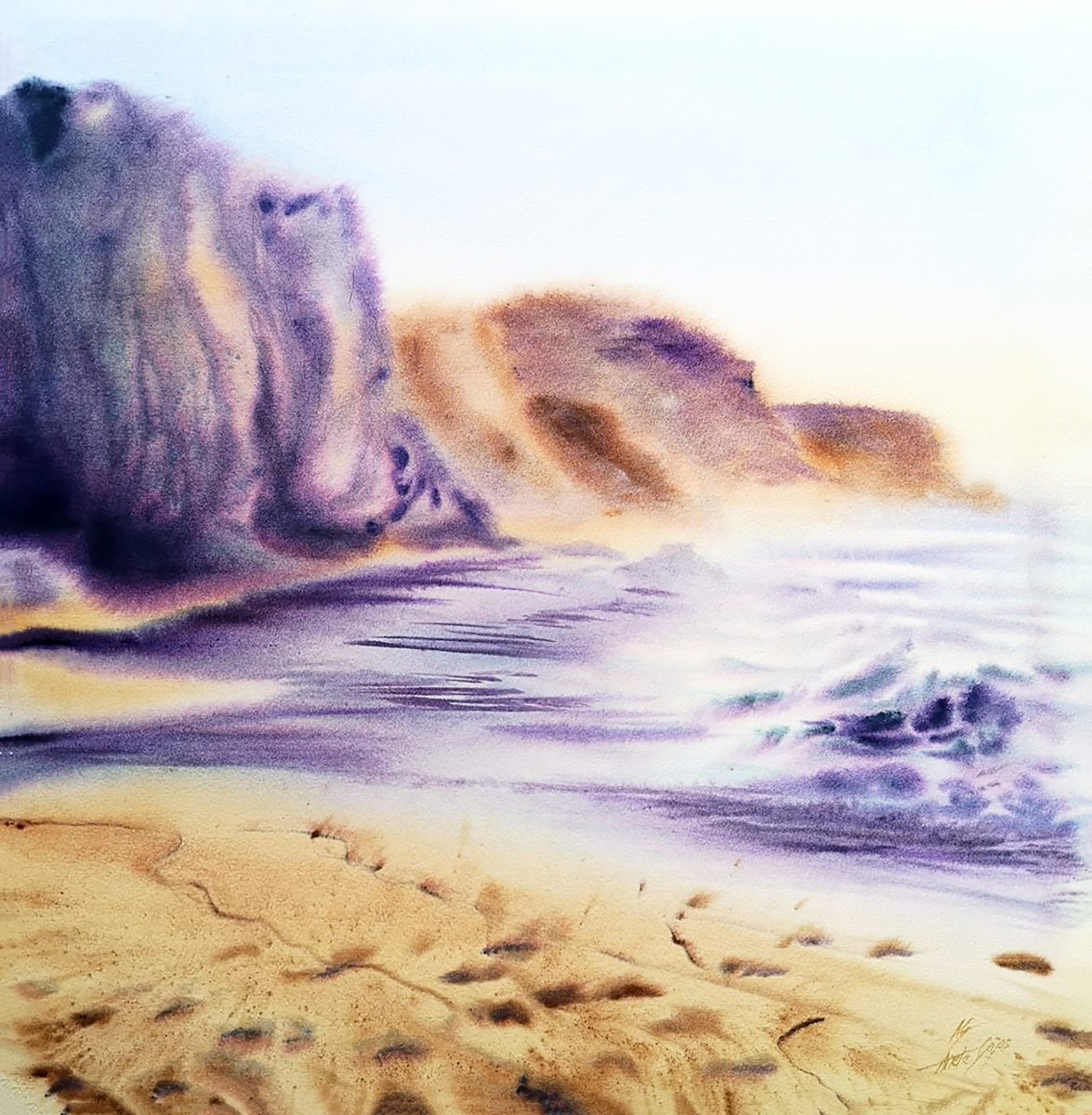 Impressionistic Landscape Watercolour By Aneta Gajos, 22 X 22, Santa Cruz Beach, Original Artwork