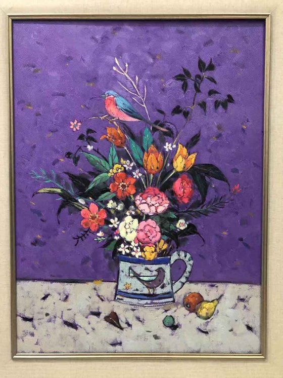 Still life oil painting:Floral and birdie