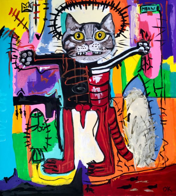 Red Cat Troy King, (102 x 91cm, 40 x 36 inches ) version of painting by Jean-Michel Basquiat  Untitled GLOW IN THE  DARK