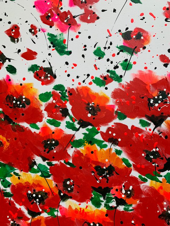 71''x 35''(180 x 90 cm), Garden of Joy 28, art, red green flowers, peony, roses, poppy  original acrylic canvas art, ready to hang