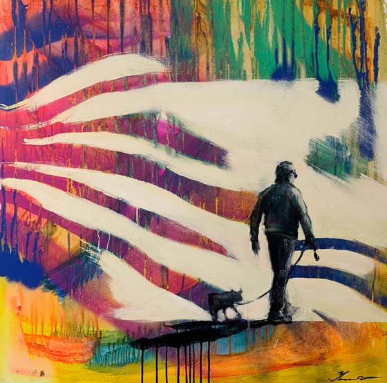 Bright painting - "Summer walk" - Pop Art - Street - City - Dog - Man with dog