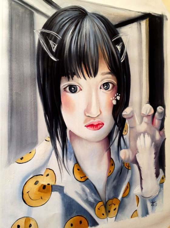 Selfie people : Meow girl - original painting- modern pop and urban portrait - 35 x 45 cm (14' x 17' )